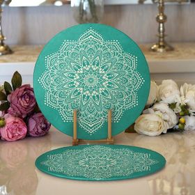 RealHomes 34x34 cm Renkli 2'li Turkuaz Zeminde Mandala Dijital Baskılı Modern Yuvarlak Servis Altlığı Supla