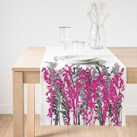 Realhomes 40x140 cm Renkli Beyaz Zeminde Gri ve Fuşya Çiçek Baskılı Süet Runner