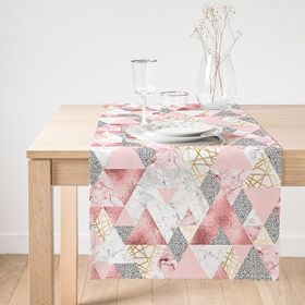 Realhomes 40x140 cm Renkli Geometrik Pembe ve Gri Mermer Motifli Özel Tasarım Süet Runner