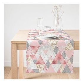 Realhomes 40x140 cm Renkli Geometrik Pembe ve Gri Mermer Motifli Özel Tasarım Süet Runner