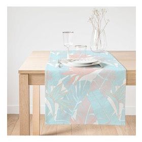 Realhomes 40x140 cm Renkli Mavi ve Pembe Tropikal Yapraklı Süet Runner