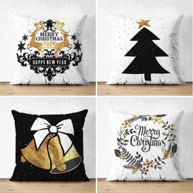 RealHomes 43x43 cm Renkli 4'lü Çift Taraflı Siyah Beyaz Gold Detaylı Mery Christmas Temalı Dijital Baskılı Modern Süet Kırlent Kılıfı Seti