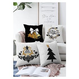 RealHomes 43x43 cm Renkli 4'lü Çift Taraflı Siyah Beyaz Gold Detaylı Mery Christmas Temalı Dijital Baskılı Modern Süet Kırlent Kılıfı Seti
