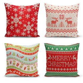 Realhomes 43x43 cm Renkli 4'lü Realhomes Merry Christmas Temalı Konsept Yuvarlak Yastık Kırlent Kılıf Seti