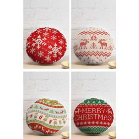 Realhomes 43x43 cm Renkli 4'lü Realhomes Merry Christmas Temalı Konsept Yuvarlak Yastık Kırlent Kılıf Seti
