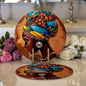 RealHomes African Woman Çizimli Dijital Baskılı Modern 2 1 Yuvarlak Servis Altlığı Supla