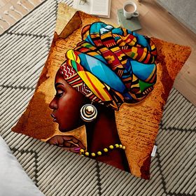RealHomes African Woman Çizimli Dijital Baskılı Modern 70x70 cm Yer Minderi