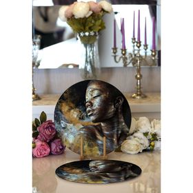 RealHomes African Woman Etnik Desenli Dijital Baskılı Modern 2 1 Yuvarlak Servis Altlığı Supla