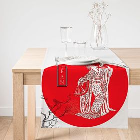 Realhomes Ağaç Dal Motifli Japan Kız Motifli Dekoratif Süet Runner
