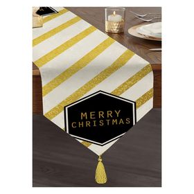 Realhomes Altın Şeritli Merry Christmas Desenli Dekoratif Özel Tasarım Püsküllü Şönil Üçgen Runner