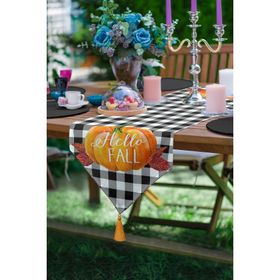 RealHomes Balkabağı Hello Fall Yazılı Özel Tasarım Dekoratif Püsküllü Şönil Üçgen Runner