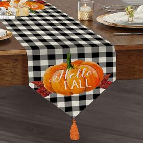 RealHomes Balkabağı Hello Fall Yazılı Özel Tasarım Dekoratif Püsküllü Şönil Üçgen Runner