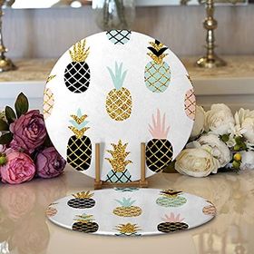 RealHomes Beyaz Zemin Üzerinde Gold Detaylı Ananas Desenli Modern 2'li Yuvarlak Servis Altlığı Supla