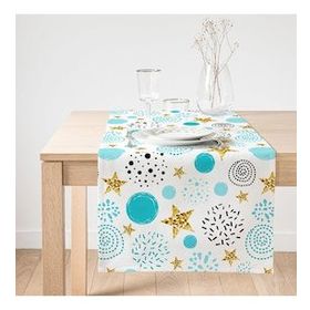 Realhomes Beyaz Zeminde Mavi Puan Gold Yıldızlı Dijital Baskılı Özel Tasarım Süet Runner