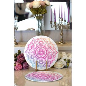RealHomes Beyaz Zeminde Pembe Mavi Mandala Desenli Özel Tasarım Modern 2'li Yuvarlak Servis Altlığı Supla