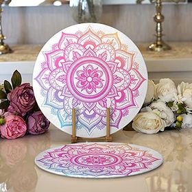RealHomes Beyaz Zeminde Pembe Mavi Mandala Desenli Özel Tasarım Modern 2'li Yuvarlak Servis Altlığı Supla