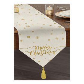 Realhomes Beyaz Zeminli Gold Detaylı Kartaneli Merry Christmas Yazılı Özel Tasarım Püsküllü Şönil Üçgen Runner