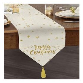 Realhomes Beyaz Zeminli Gold Detaylı Kartaneli Merry Christmas Yazılı Özel Tasarım Püsküllü Şönil Üçgen Runner