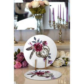 RealHomes Cep Saati Motifli Kuş Tüyü Desenli Modern 2 1 Yuvarlak Servis Altlığı Supla