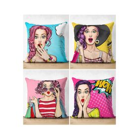 Realhomes Çift Taraflı 4’lü Fashion Girl Konseptli Dekoratif Süet Yastık Kırlent Kılıf Seti