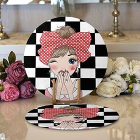 RealHomes Damalı Fashion Girl Dijital Baskılı Modern 2 1 Yuvarlak Servis Altlığı Supla