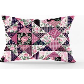 RealHomes DIK-2372 Mürdüm Renk Patchwork Desenli Dekoratif Dikdörtgen Kırlent Kılıfı
