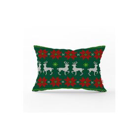 RealHomes DIK-3033 Yeşil Zeminde Yılbaşı Geyikleri Desenli Dekoratif Dikdörtgen Kırlent Kılıfı