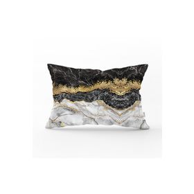 RealHomes DIK-3132 Modern Siyah Beyaz Altın Mermer Motifli Dijital Baskılı Dikdörtgen Kırlent Kılıfı