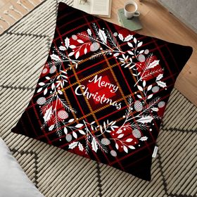 RealHomes Ekose Merry Christmas Desenli Dijital Baskılı 70x70 cm Yer Minderi