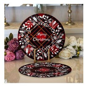 RealHomes Ekose Merry Christmas Desenli Dijital Baskılı Modern 2'li Yuvarlak Servis Altlığı Supla