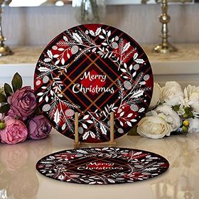 RealHomes Ekose Merry Christmas Desenli Dijital Baskılı Modern 2'li Yuvarlak Servis Altlığı Supla