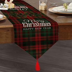 Realhomes Ekose Zeminde Merry Christmas Baskılı Dekoratif Özel Tasarım Püsküllü Şönil Üçgen Runner