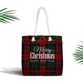 RealHomes Ekose Zeminde Merry Christmas Baskılı Fermuarlı Modern Kumaş Çanta