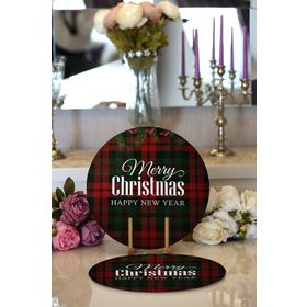 RealHomes Ekose Zeminde Merry Christmas Dijital Baskılı Modern 2'li Yuvarlak Servis Altlığı Supla