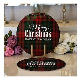 RealHomes Ekose Zeminde Merry Christmas Dijital Baskılı Modern 2'li Yuvarlak Servis Altlığı Supla