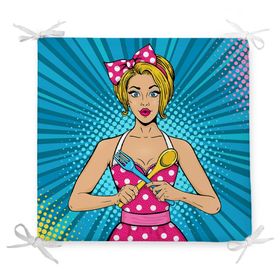 RealHomes F3284 Mavi Zemini Popart Girl Desenli Dekoratif Fermuarlı Sandalye Minderi