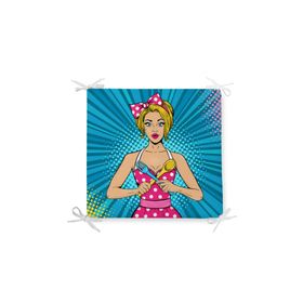 RealHomes F3284 Mavi Zemini Popart Girl Desenli Dekoratif Fermuarlı Sandalye Minderi