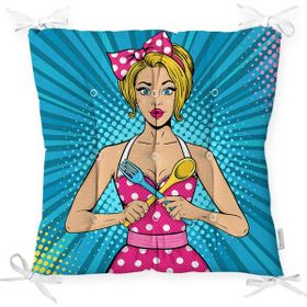 RealHomes F3284 Mavi Zemini Popart Girl Desenli Dekoratif Fermuarlı Sandalye Minderi