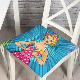 RealHomes F3284 Mavi Zemini Popart Girl Desenli Dekoratif Fermuarlı Sandalye Minderi