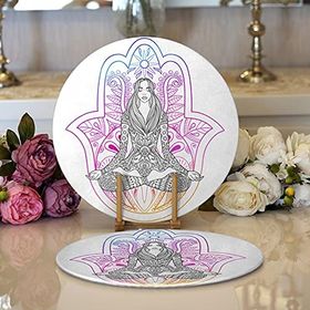 RealHomes Fatma Ana Eli İçerisinde Yoga Yapan Kadın Desenli Modern 2'li Yuvarlak Servis Altlığı Supla