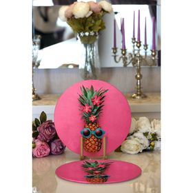 RealHomes Fuşya Zeminli Ananas Desenli Modern 2 1 Yuvarlak Servis Altlığı Supla