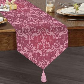 Realhomes Fuşya Zeminli Damask Motifler Modern Püsküllü Şönil Üçgen Runner