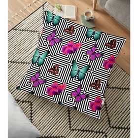 RealHomes Geometrik Zeminde Kelebekler Desenli Dijital Baskılı Dekoratif 70x70 cm Yer Minderi