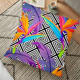 RealHomes Geometrik Zeminli Renkli Yapraklar Tasarımlı Dijital Baskılı 70x70 cm Yer Minderi