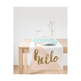 Realhomes Gold Hello Yazılı Modern Motifler Dijital Baskılı Özel Tasarım Süet Runner