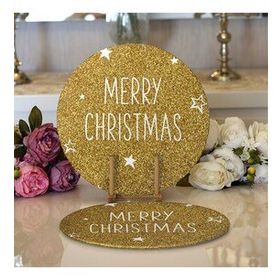 RealHomes Gold Zeminde Merry Christmas Yazılı Dijital Baskılı Modern 2'li Yuvarlak Servis Altlığı Supla