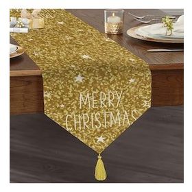 Realhomes Gold Zeminde Merry Christmas Yazılı Dijital Baskılı Özel Tasarım Püsküllü Şönil Üçgen Runner