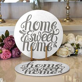 RealHomes Gri Home Sweet Home Modern Dijital Baskılı 2 1 Yuvarlak Servis Altlığı Supla