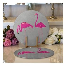 RealHomes Gri Zemin Flamingo Desenli Dijital Baskılı Modern 2 1 Yuvarlak Servis Altlığı Supla
