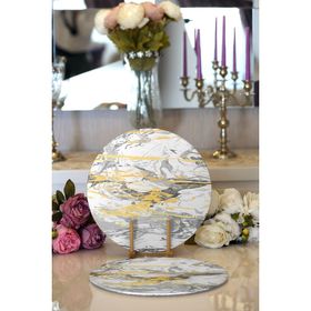 RealHomes Gri Zemin Üzerinde Gold Detaylı Soft Çizim Desenli Modern 2'li Yuvarlak Servis Altlığı Supla